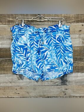 Stella Parker Women’s Shirts, Blue/White Tropical Leaf Print Drawstring Waist